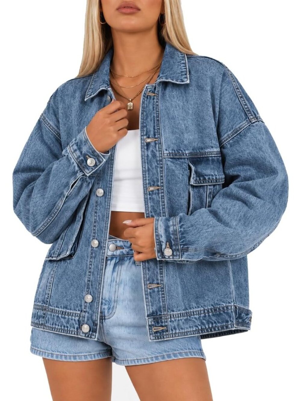 Women's Light Blue Classic Oversized Jean Jacket Boyfriend Denim with Pockets